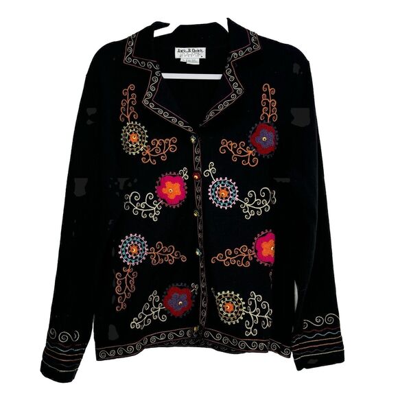 JACK B QUICK Sweater Women Ramie Cotton Embroidery Boho Art To Wear Sz L - Picture 1 of 7